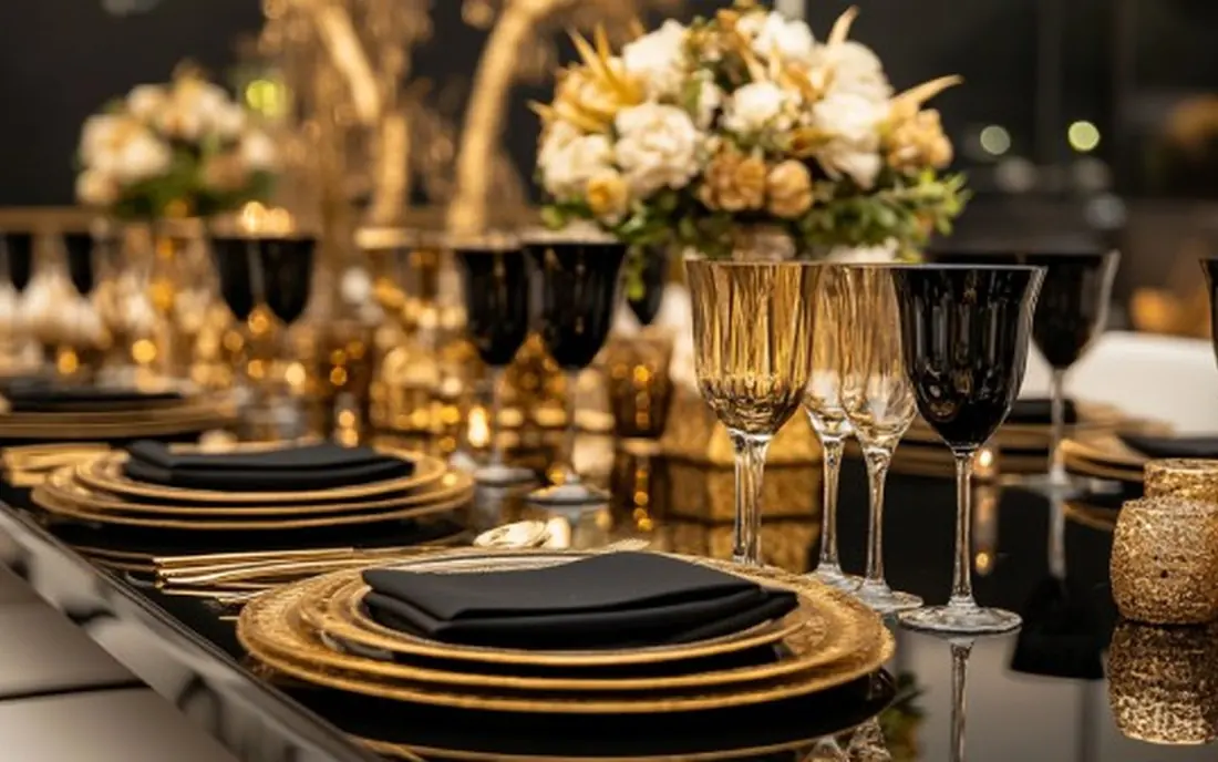 Gedekte tafel met goudkleurig servies en kristallen glazen
