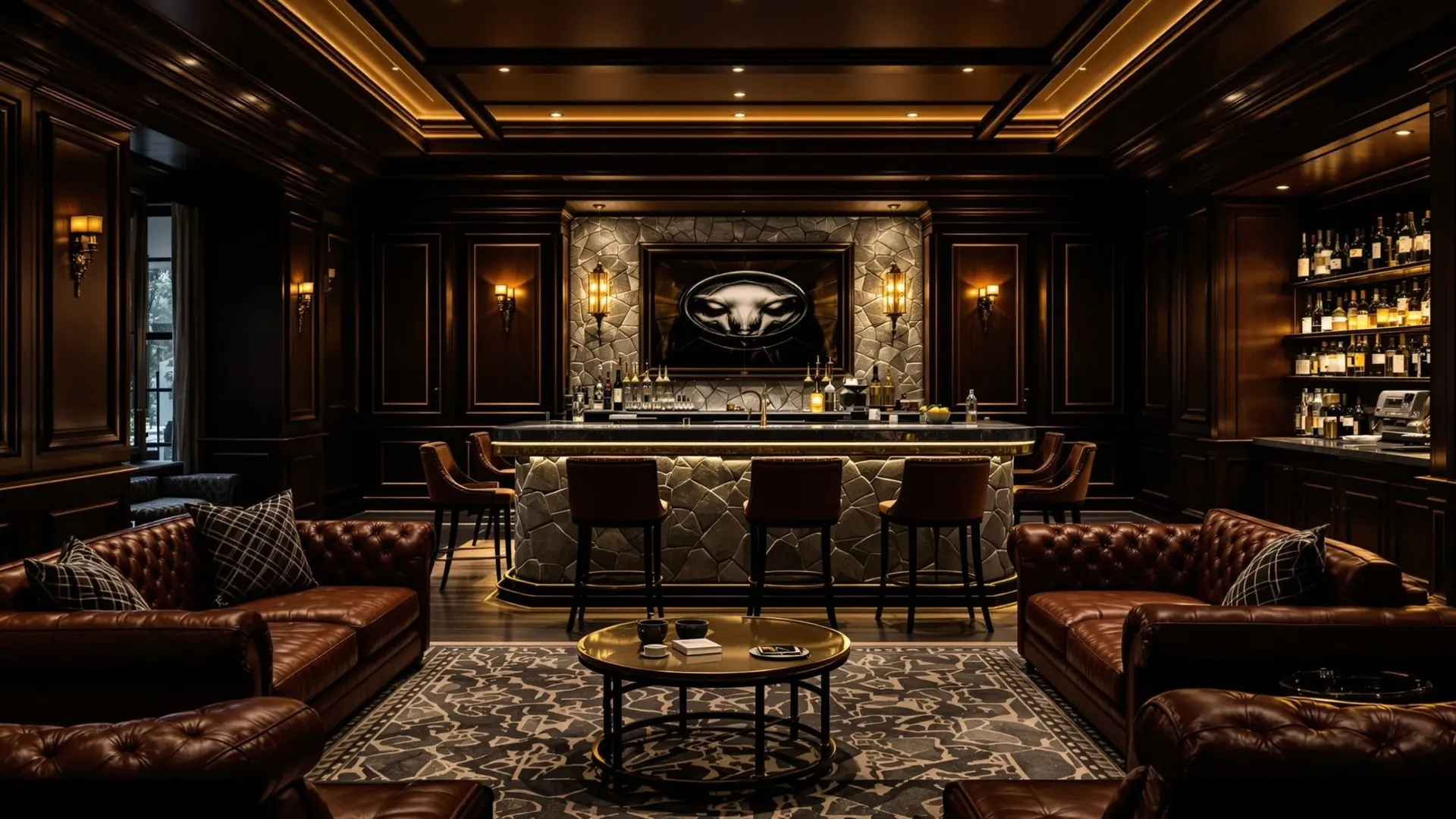 Donkere clublounge met leren fauteuils en gouden sfeerverlichting