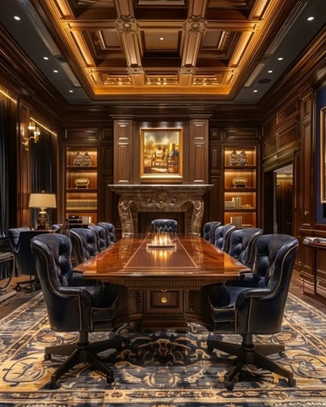 Lange vergadertafel met leren stoelen in een houten kamer